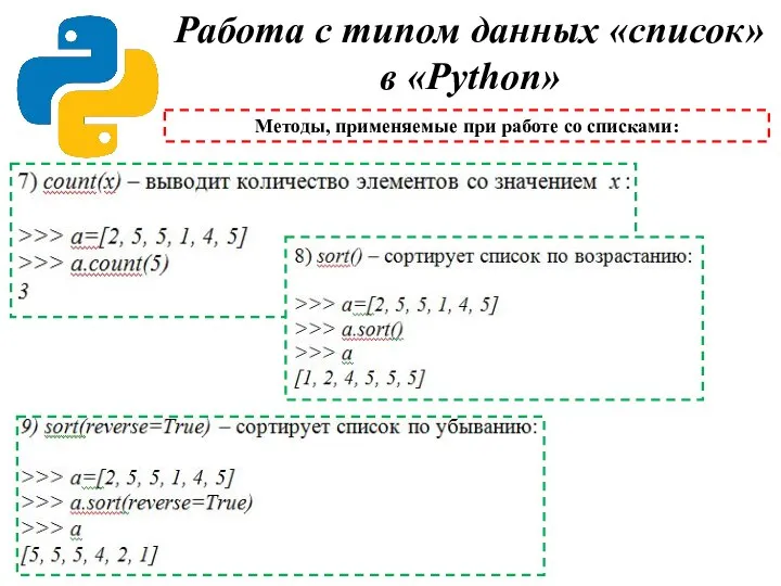 Работа с типом данных «список» в «Python» Методы, применяемые при работе со списками: