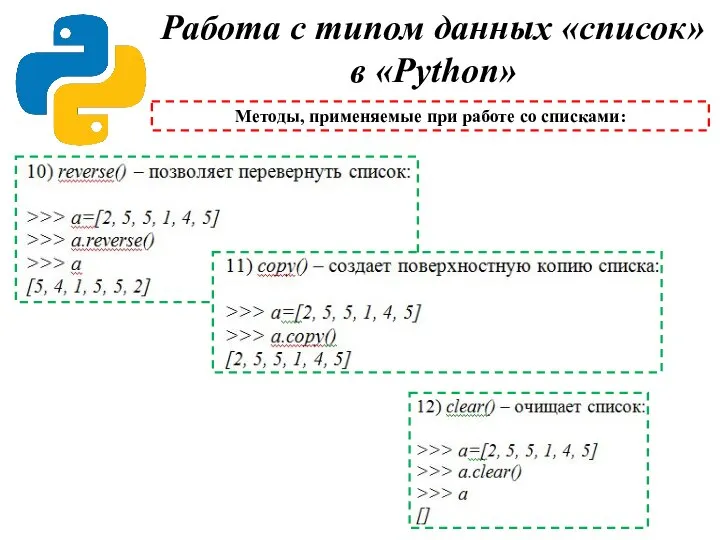 Работа с типом данных «список» в «Python» Методы, применяемые при работе со списками: