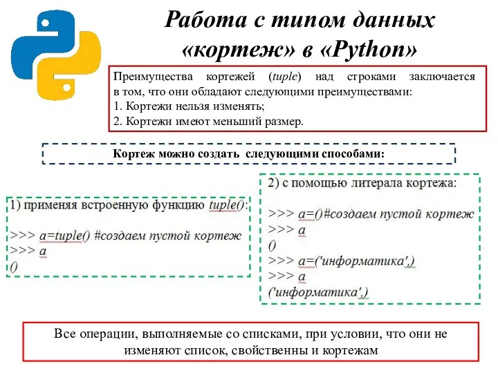 Работа с типом данных «кортеж» в «Python» Преимущества кортежей (tuple) над строками