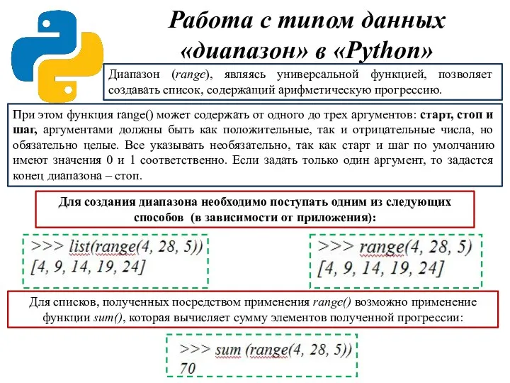 Работа с типом данных «диапазон» в «Python» Диапазон (range), являясь универсальной функцией,