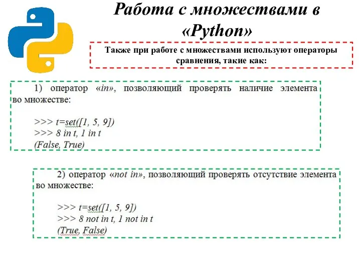 Работа с множествами в «Python» Также при работе с множествами используют операторы сравнения, такие как: