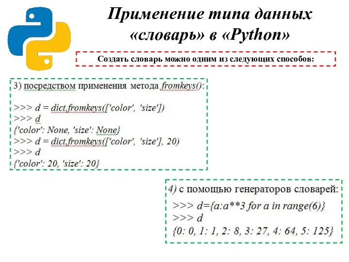 Применение типа данных «словарь» в «Python» Создать словарь можно одним из следующих способов: