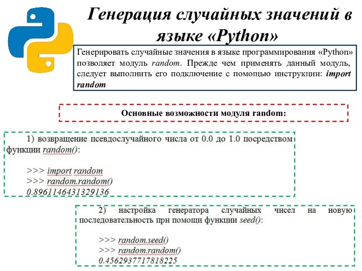 Генерация случайных значений в языке «Python» Генерировать случайные значения в языке программирования