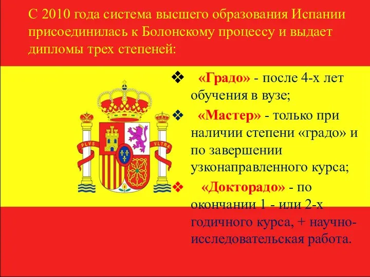 С 2010 года система высшего образования Испании присоединилась к Болонскому процессу и