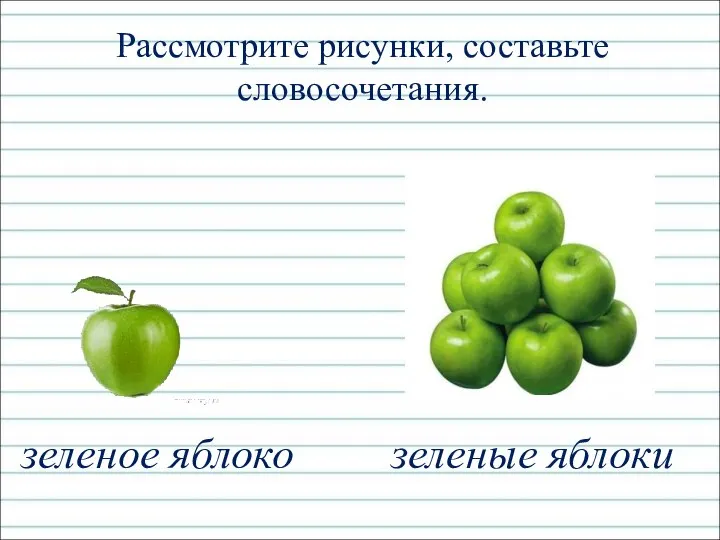 Рассмотрите рисунки, составьте словосочетания. зеленое яблоко зеленые яблоки