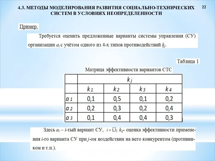 22 4.3. МЕТОДЫ МОДЕЛИРОВАНИЯ РАЗВИТИЯ СОЦИАЛЬНО-ТЕХНИЧЕСКИХ СИСТЕМ В УСЛОВИЯХ НЕОПРЕДЕЛЕННОСТИ