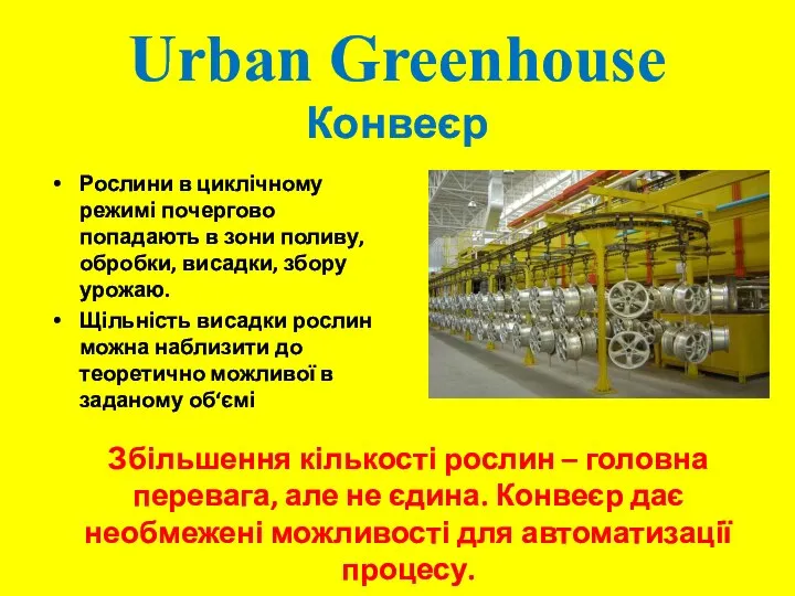 Urban Greenhouse Конвеєр Рослини в циклічному режимі почергово попадають в зони поливу,