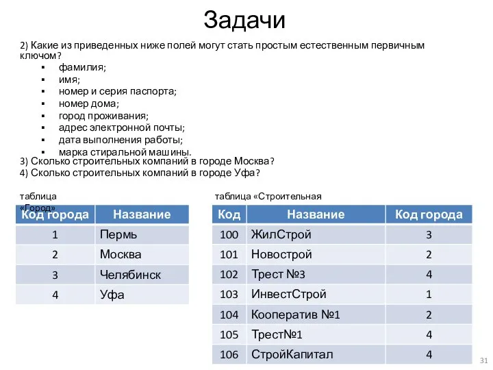 Задачи 3) Сколько строительных компаний в городе Москва? 4) Сколько строительных компаний