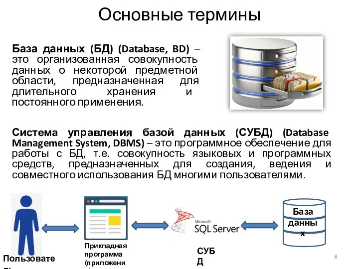 База данных (БД) (Database, BD) – это организованная совокупность данных о некоторой