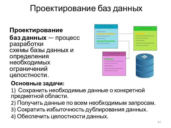 Проектирование баз данных Основные задачи: 1) Сохранить необходимые данные о конкретной предметной