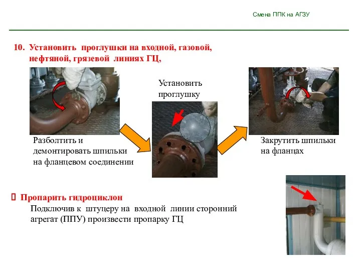 Смена ППК на АГЗУ Пропарить гидроциклон 10. Установить проглушки на входной, газовой,