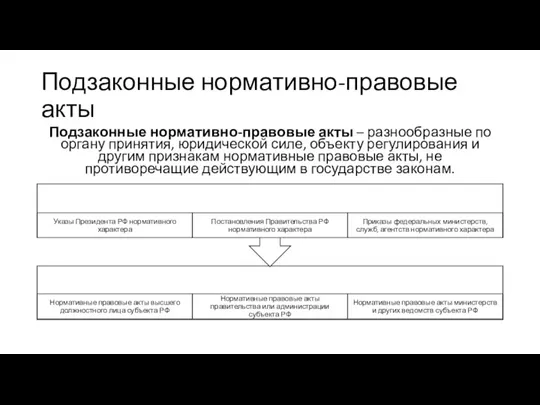 Подзаконные нормативно-правовые акты Подзаконные нормативно-правовые акты – разнообразные по органу принятия, юридической