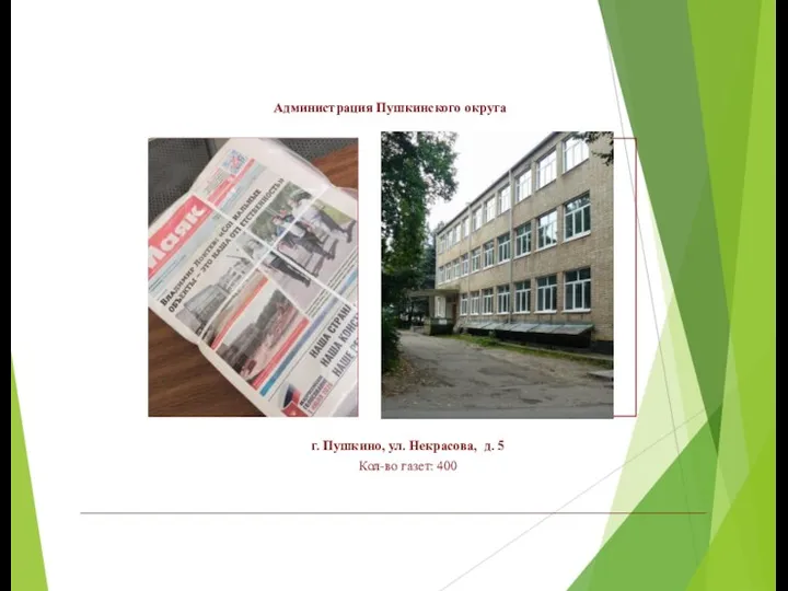 Администрация Пушкинского округа г. Пушкино, ул. Некрасова, д. 5 Кол-во газет: 400