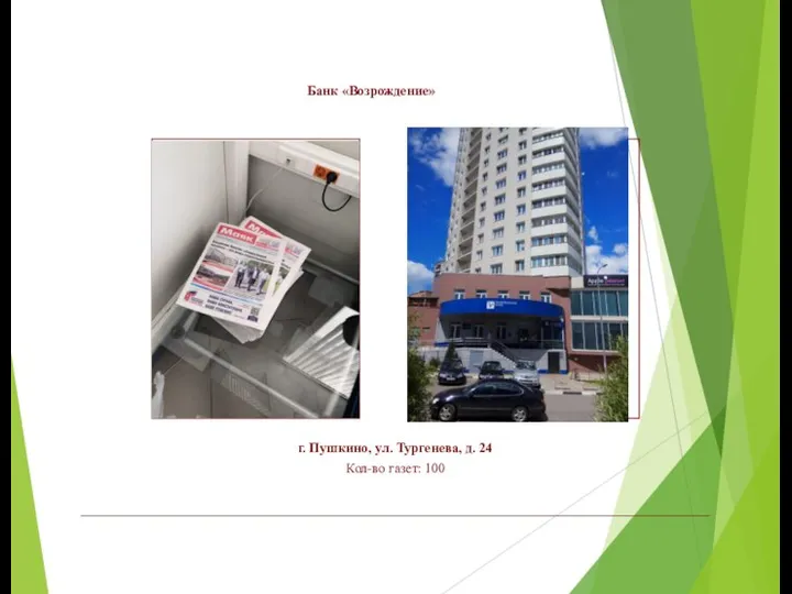 Банк «Возрождение» г. Пушкино, ул. Тургенева, д. 24 Кол-во газет: 100