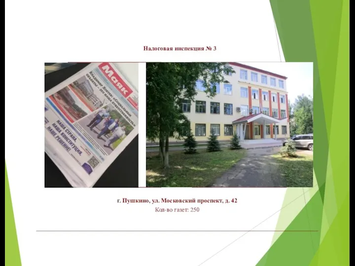 Налоговая инспекция № 3 г. Пушкино, ул. Московский проспект, д. 42 Кол-во газет: 250