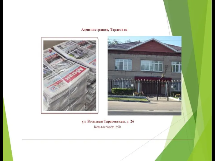 Администрация, Тарасовка ул. Большая Тарасовская, д. 26 Кол-во газет: 250