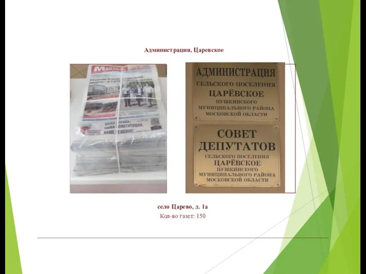 Администрация, Царевское село Царево, д. 1а Кол-во газет: 150