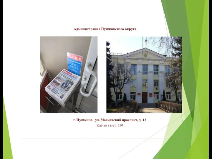 Администрация Пушкинского округа г. Пушкино, ул. Московский проспект, д. 12 Кол-во газет: 550