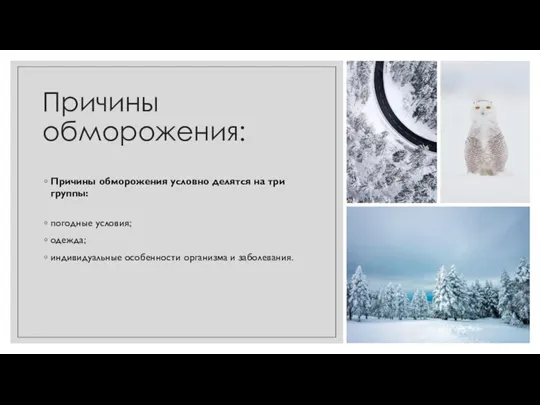 Причины обморожения: Причины обморожения условно делятся на три группы: погодные условия; одежда;