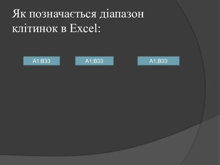 Як позначається діапазон клітинок в Excel: A1:B33 A1;B33 A1,В33