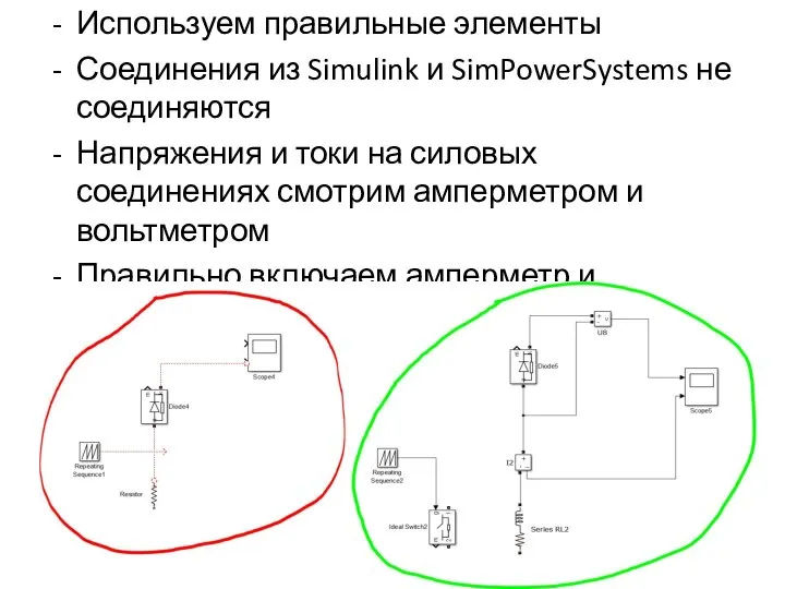 Используем правильные элементы Соединения из Simulink и SimPowerSystems не соединяются Напряжения и