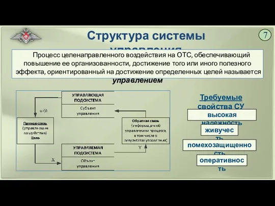 Структура системы управления 7 Требуемые свойства СУ Процесс целенаправленного воздействия на ОТС,