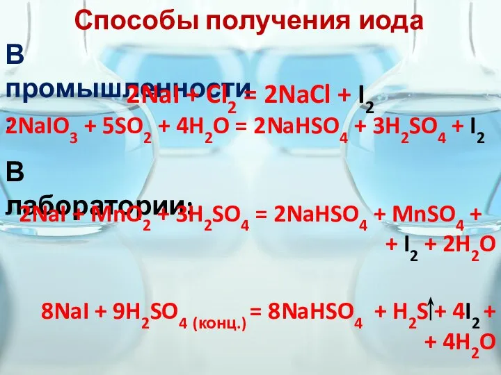 Способы получения иода В промышленности: 2NaI + Cl2 = 2NaCl + I2