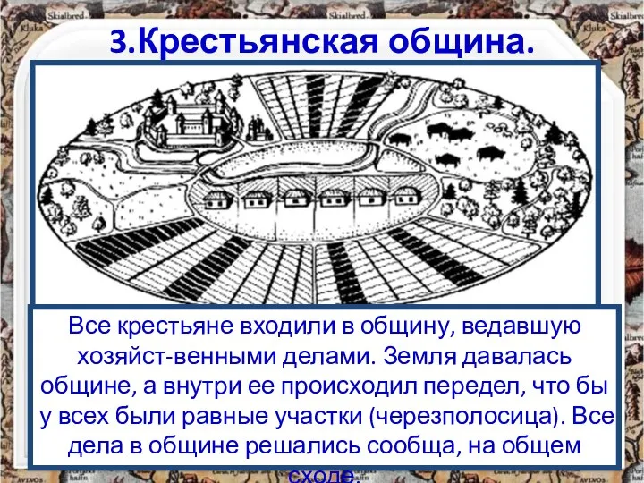 3.Крестьянская община. Все крестьяне входили в общину, ведавшую хозяйст-венными делами. Земля давалась