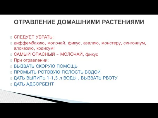 СЛЕДУЕТ УБРАТЬ: диффембахию, молочай, фикус, азалию, монстеру, сингониум, алоказию, кодисум! САМЫЙ ОПАСНЫЙ