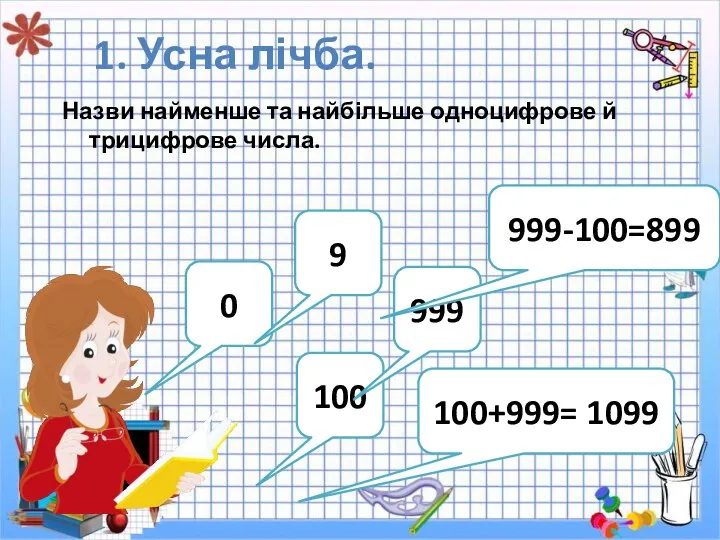 1. Усна лічба. Назви найменше та найбільше одноцифрове й трицифрове числа. 0