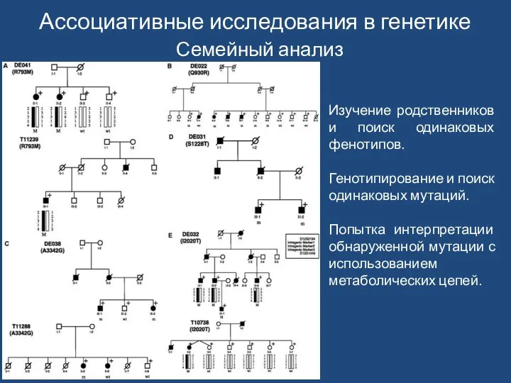 Семейный анализ Изучение родственников и поиск одинаковых фенотипов. Генотипирование и поиск одинаковых