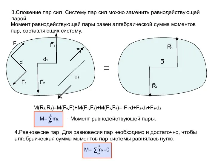 3.Сложение пар сил. Систему пар сил можно заменить равнодействующей парой. Момент равнодействующей