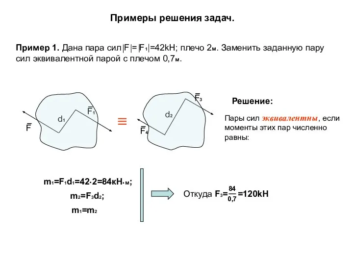 Примеры решения задач. Пример 1. Дана пара сил F = F1 =42kH;