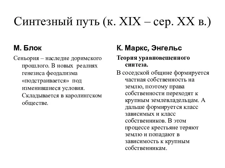 Синтезный путь (к. XIX – сер. XX в.) М. Блок Сеньория –