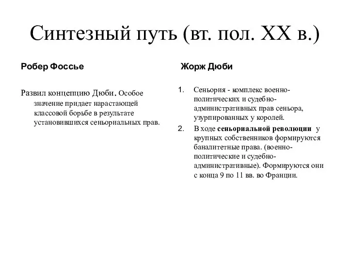 Синтезный путь (вт. пол. XX в.) Робер Фоссье Развил концепцию Дюби. Особое