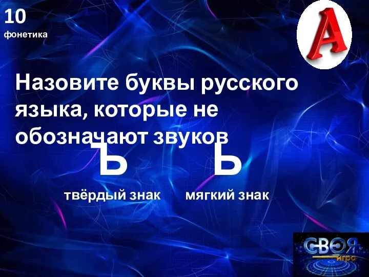 10 фонетика Назовите буквы русского языка, которые не обозначают звуков Ъ твёрдый знак Ь мягкий знак