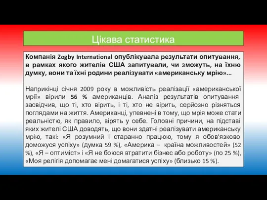 Цікава статистика Компанія Zogby International опублікувала результати опитування, в рамках якого жителів