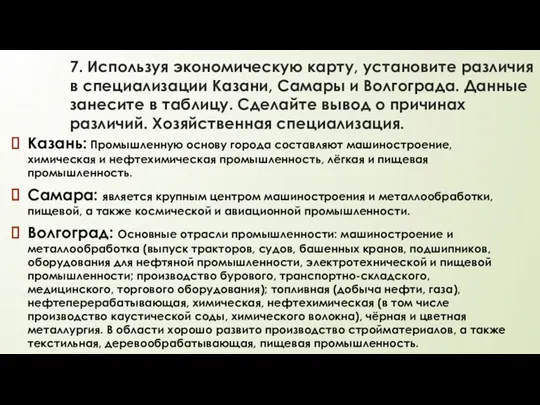 7. Используя экономическую карту, установите различия в специализации Казани, Самары и Волгограда.