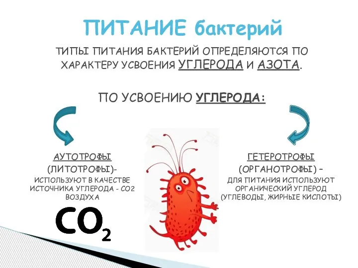 ТИПЫ ПИТАНИЯ БАКТЕРИЙ ОПРЕДЕЛЯЮТСЯ ПО ХАРАКТЕРУ УСВОЕНИЯ УГЛЕРОДА И АЗОТА. ПО УСВОЕНИЮ