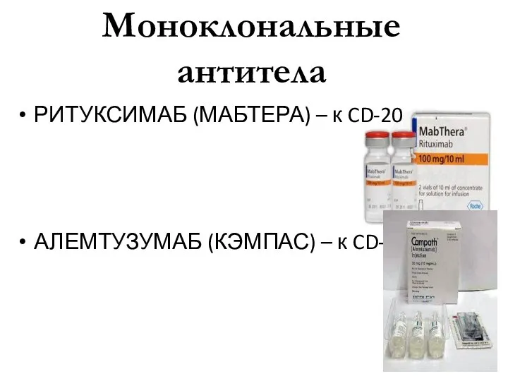 Моноклональные антитела РИТУКСИМАБ (МАБТЕРА) – к CD-20 АЛЕМТУЗУМАБ (КЭМПАС) – к CD-52