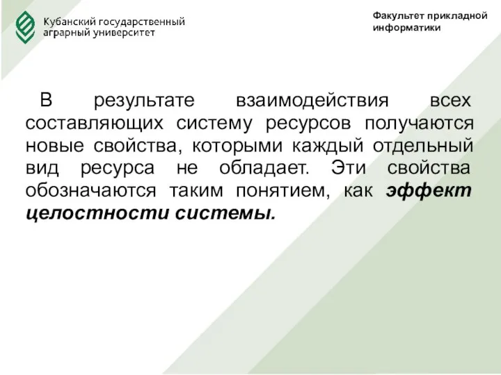 Факультет прикладной информатики В результате взаимодействия всех составляющих систему ресурсов получаются новые