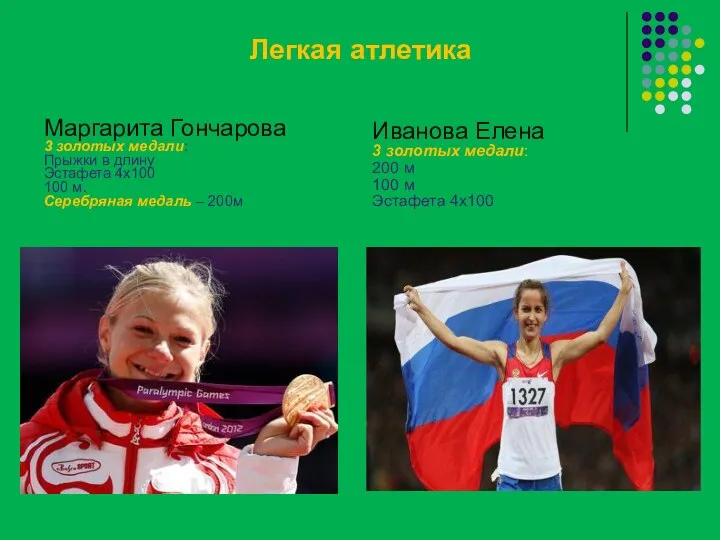 Легкая атлетика Маргарита Гончарова 3 золотых медали: Прыжки в длину Эстафета 4х100