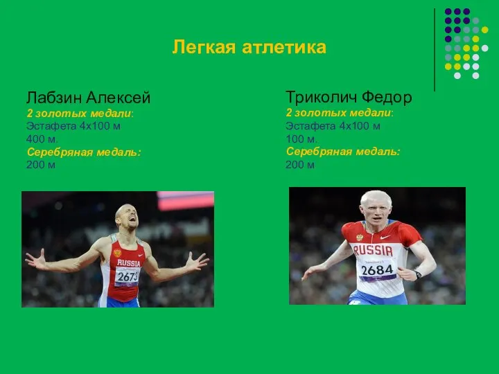 Легкая атлетика Лабзин Алексей 2 золотых медали: Эстафета 4х100 м 400 м.