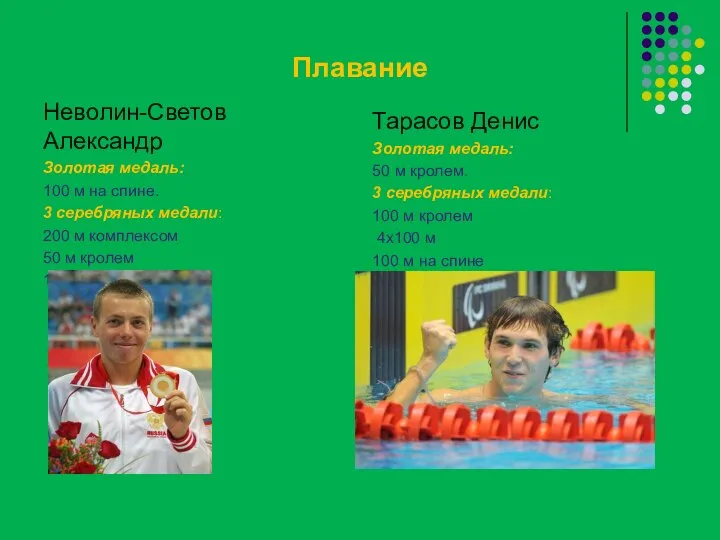 Плавание Неволин-Светов Александр Золотая медаль: 100 м на спине. 3 серебряных медали:
