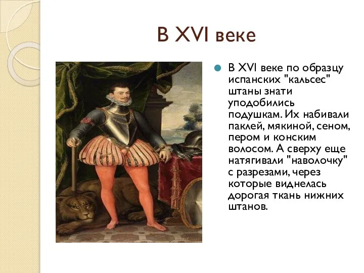 В XVI веке В XVI веке по образцу испанских "кальсес" штаны знати