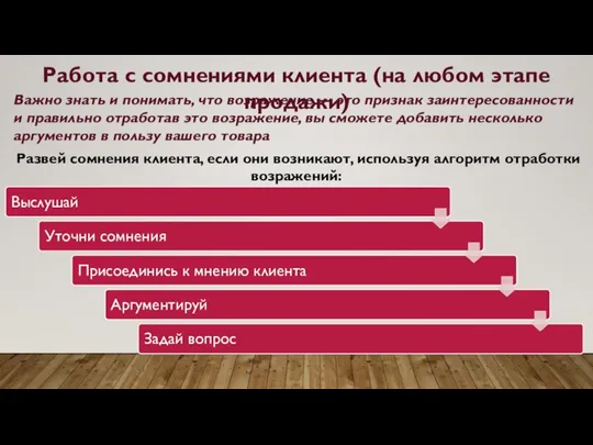 Работа с сомнениями клиента (на любом этапе продажи) Важно знать и понимать,