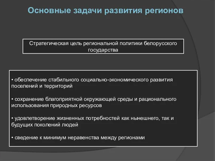 Основные задачи развития регионов Стратегическая цель региональной политики белорусского государства • обеспечение