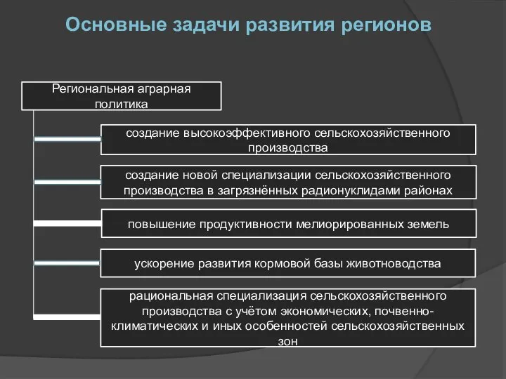 Основные задачи развития регионов Региональная аграрная политика создание высокоэффективного сельскохозяйственного производства создание