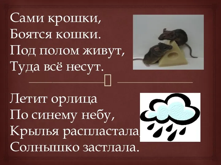 Сами крошки, Боятся кошки. Под полом живут, Туда всё несут. Летит орлица