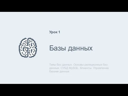 Базы данных Типы баз данных. Основы реляционных баз данных. СУБД MySQL. Клиенты.